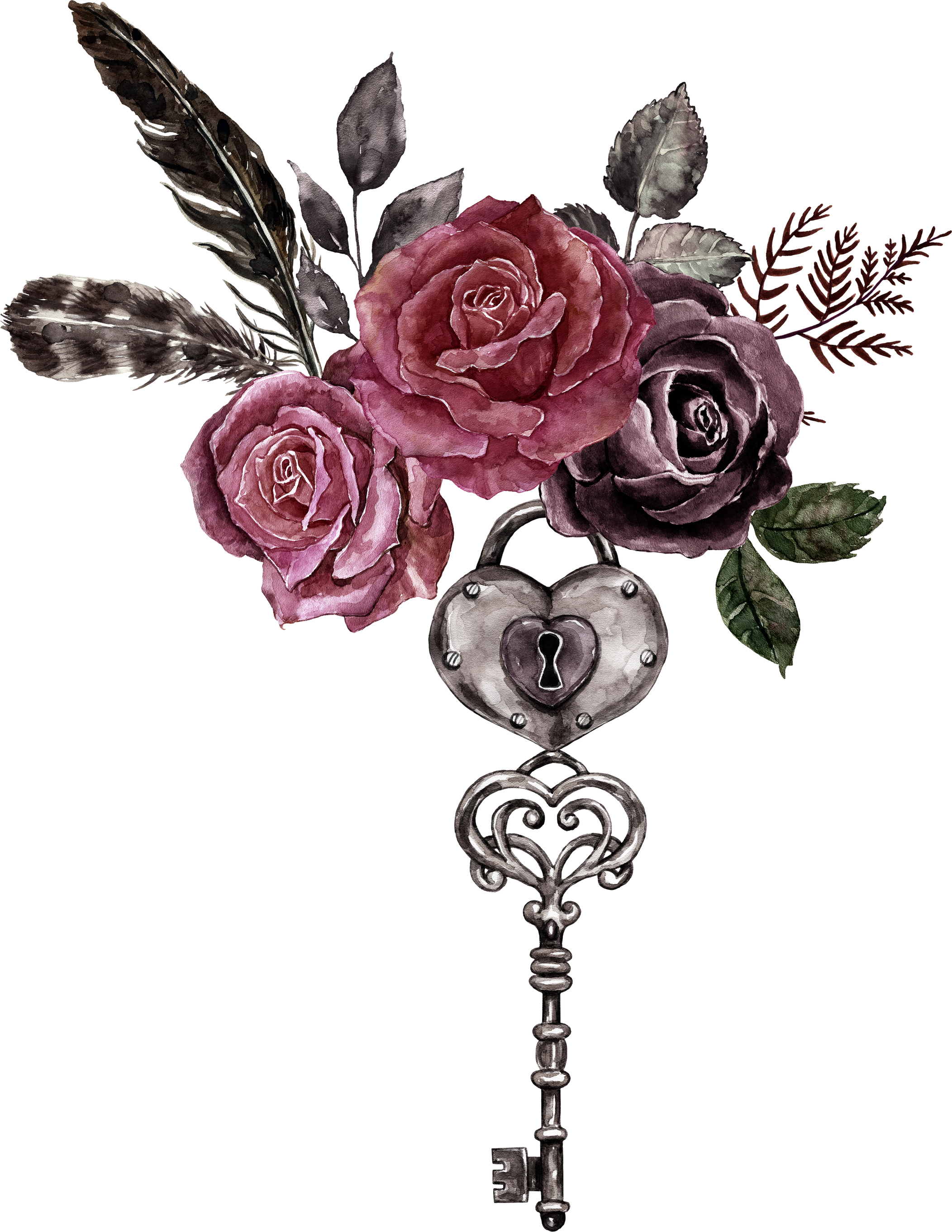 Watercolor Gothic style floral bouquet with key